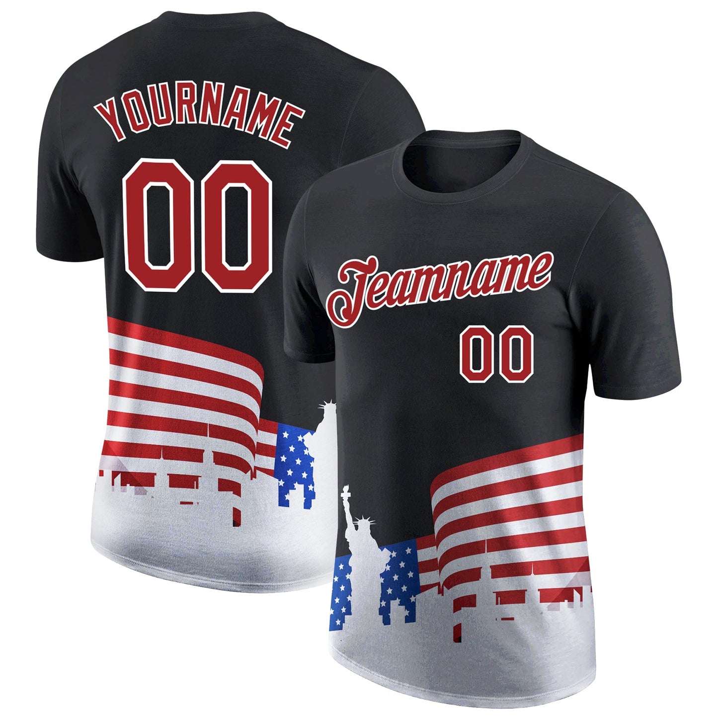 Custom Black Red-White 3D American Flag Patriotic Performance T-Shirt - Main View