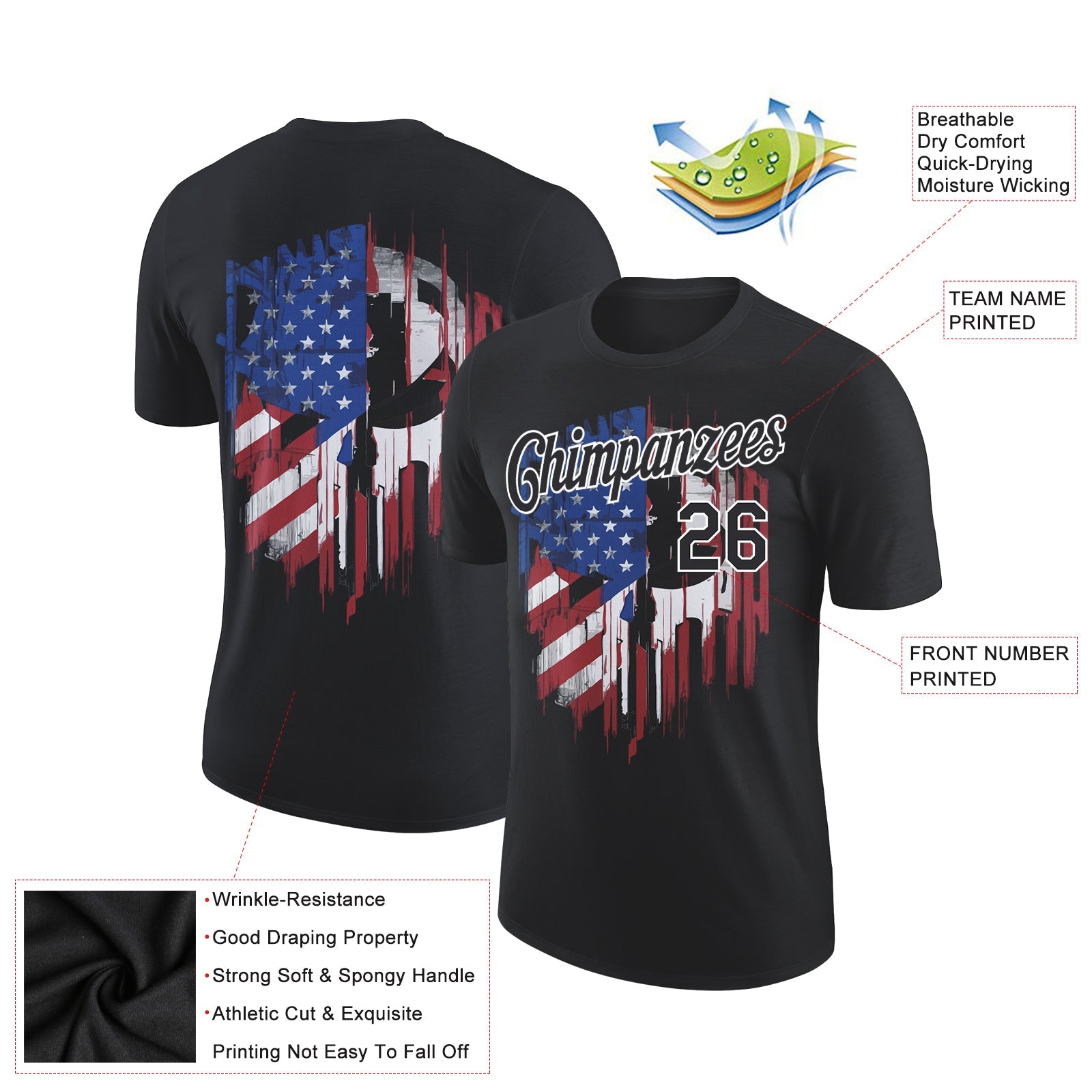 Custom Black White 3D American Flag Patriotic Performance T-Shirt view 2
