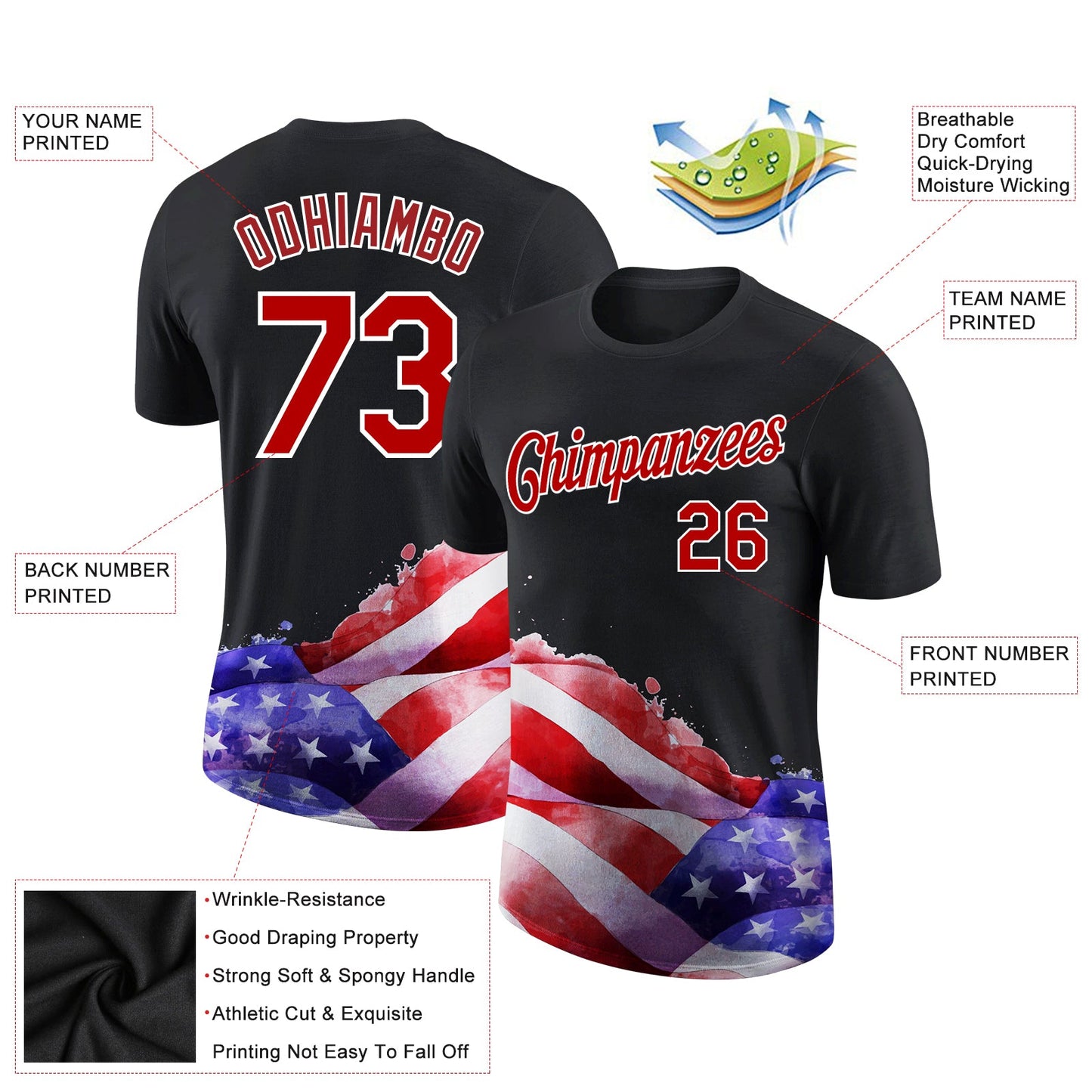 Custom Black Red-White 3D American Flag Patriotic Performance T-Shirt view 2