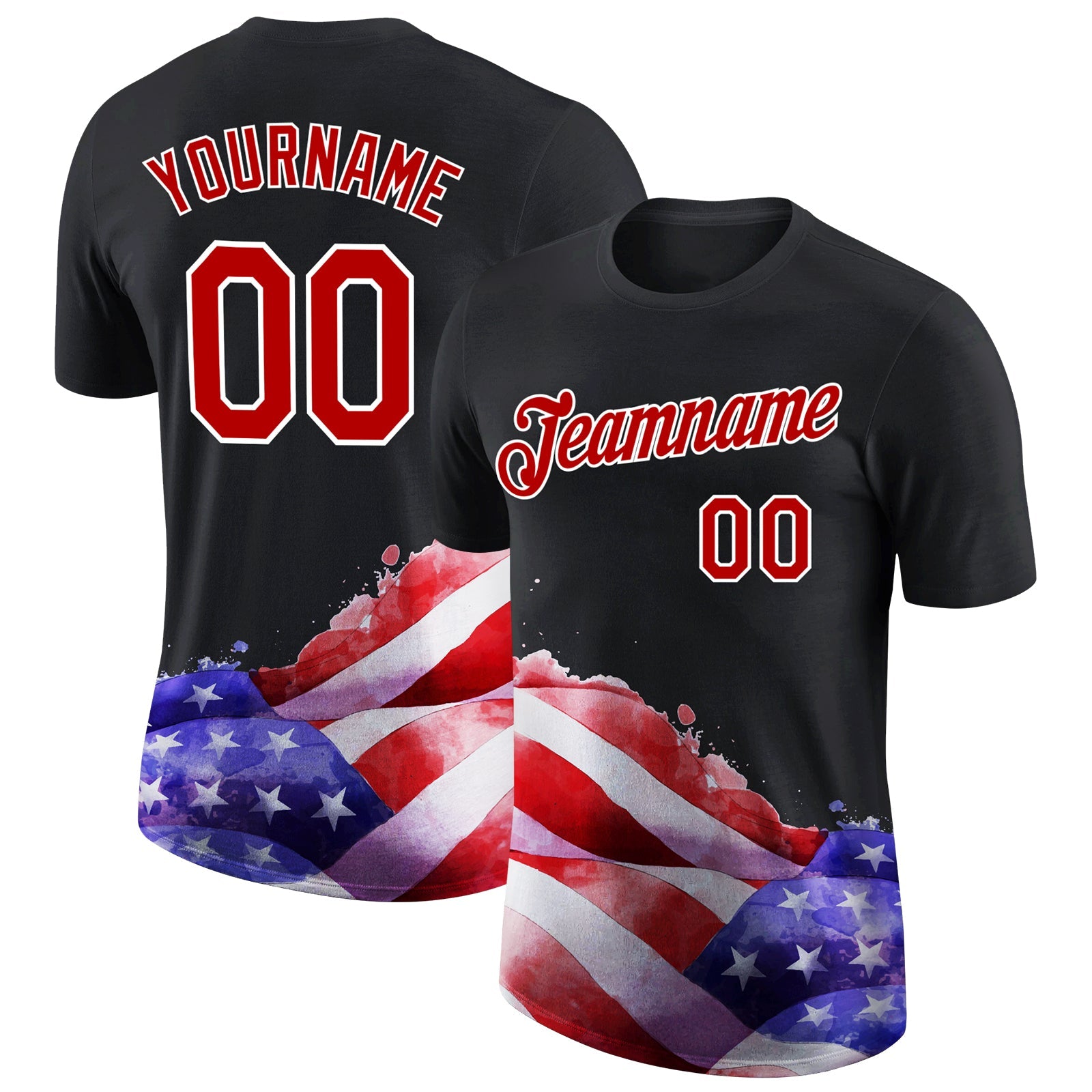 Custom Black Red-White 3D American Flag Patriotic Performance T-Shirt - Main View