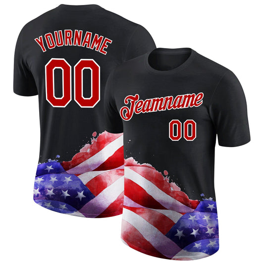 Custom Black Red-White 3D American Flag Patriotic Performance T-Shirt - Main View