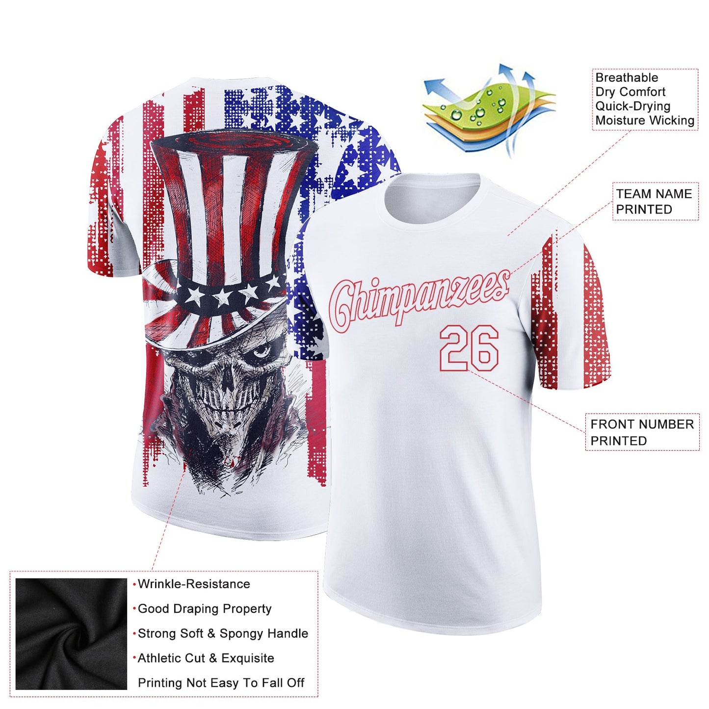 Custom White Red-Royal 3D American Flag Skull Patriotic Performance T-Shirt view 2