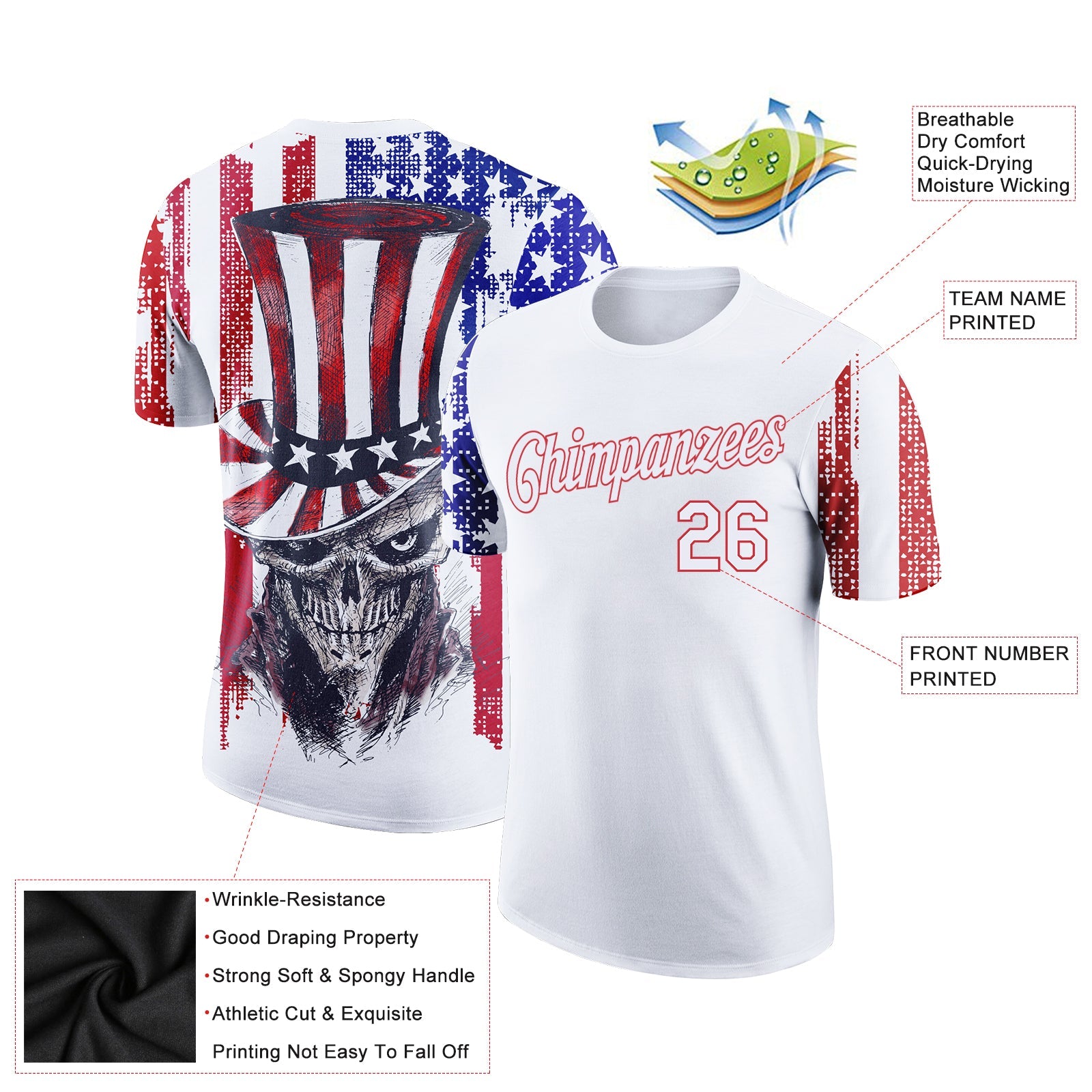 Custom White Red-Royal 3D American Flag Skull Patriotic Performance T-Shirt view 2