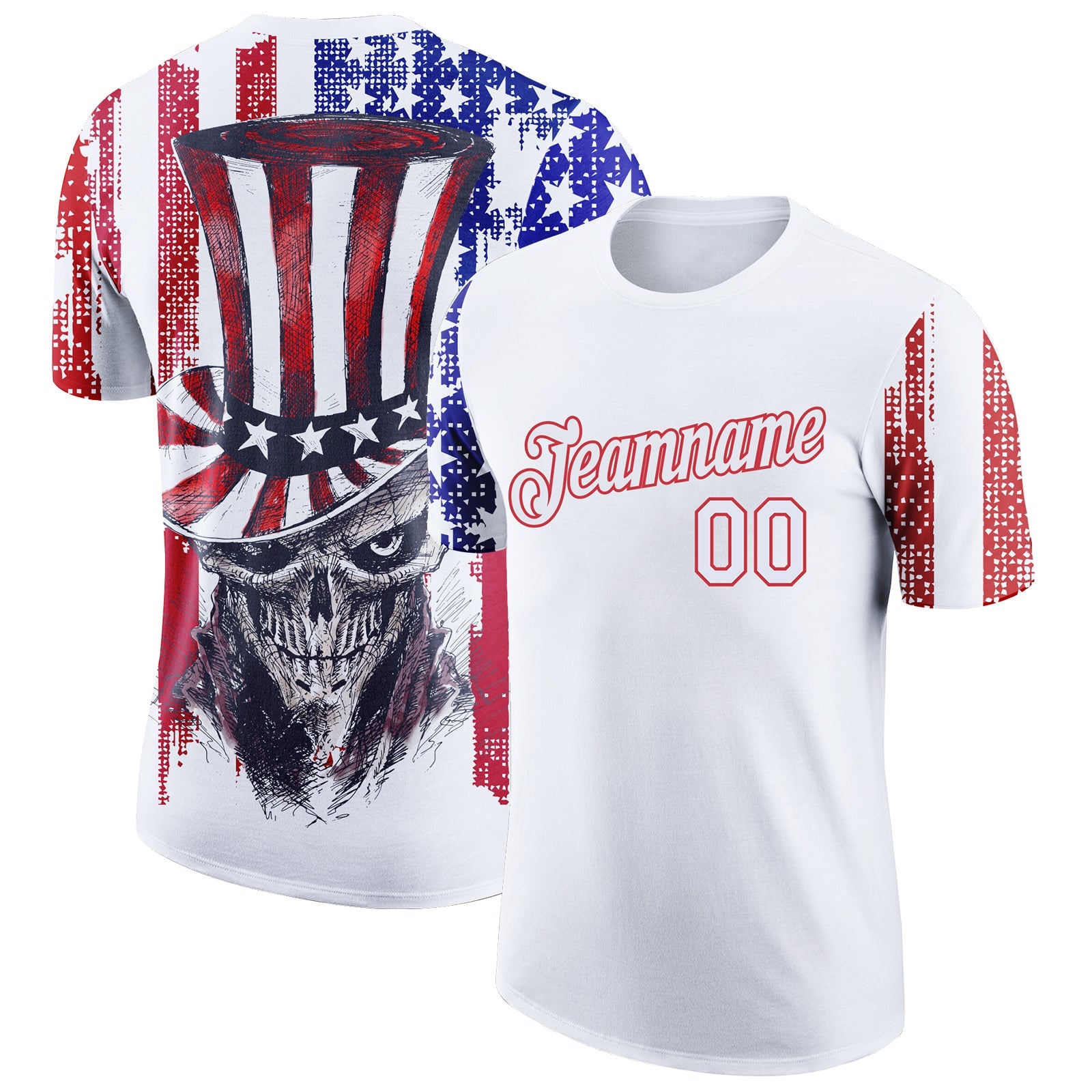 Custom White Red-Royal 3D American Flag Skull Patriotic Performance T-Shirt - Main View