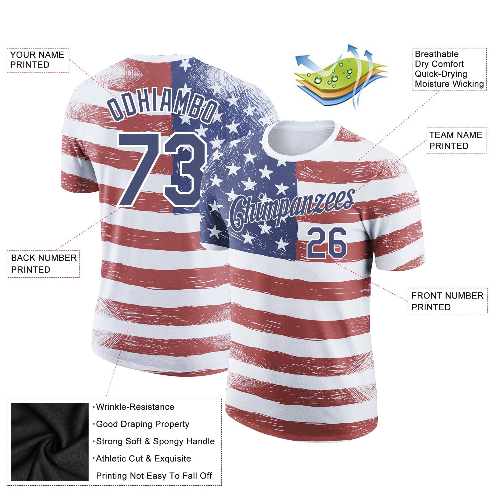 Custom Red Navy-White 3D American Flag Patriotic Performance T-Shirt view 2