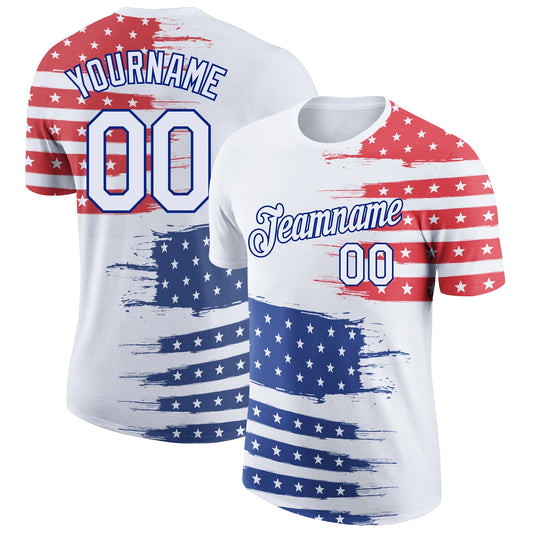 Custom White Royal-Red 3D American Flag Patriotic Performance T-Shirt - Main View