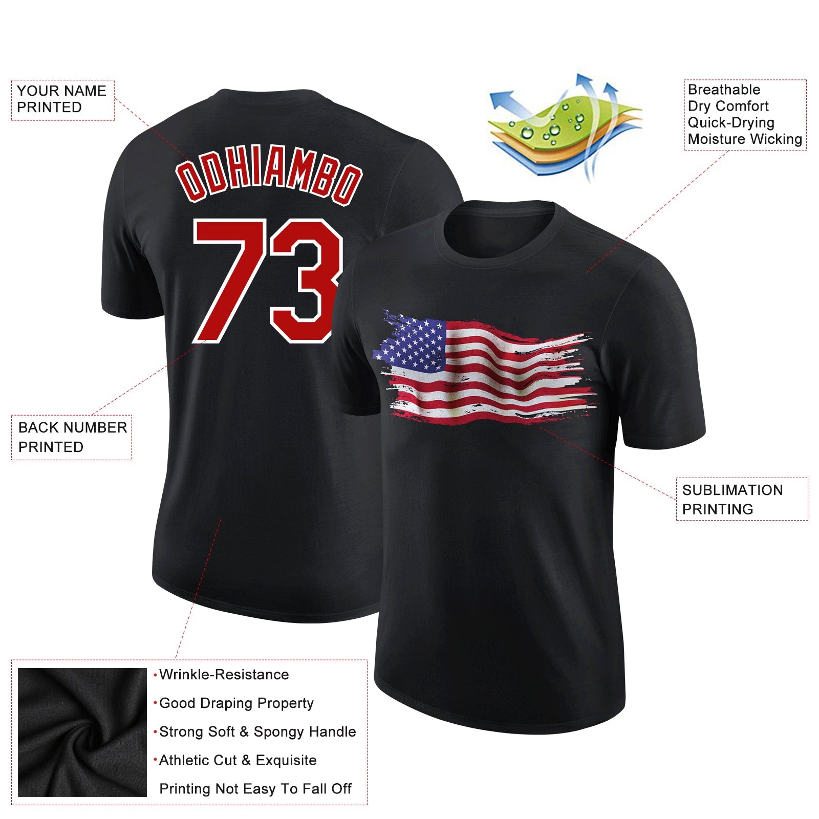 Custom Black Red-White 3D American Flag Patriotic Performance T-Shirt view 2