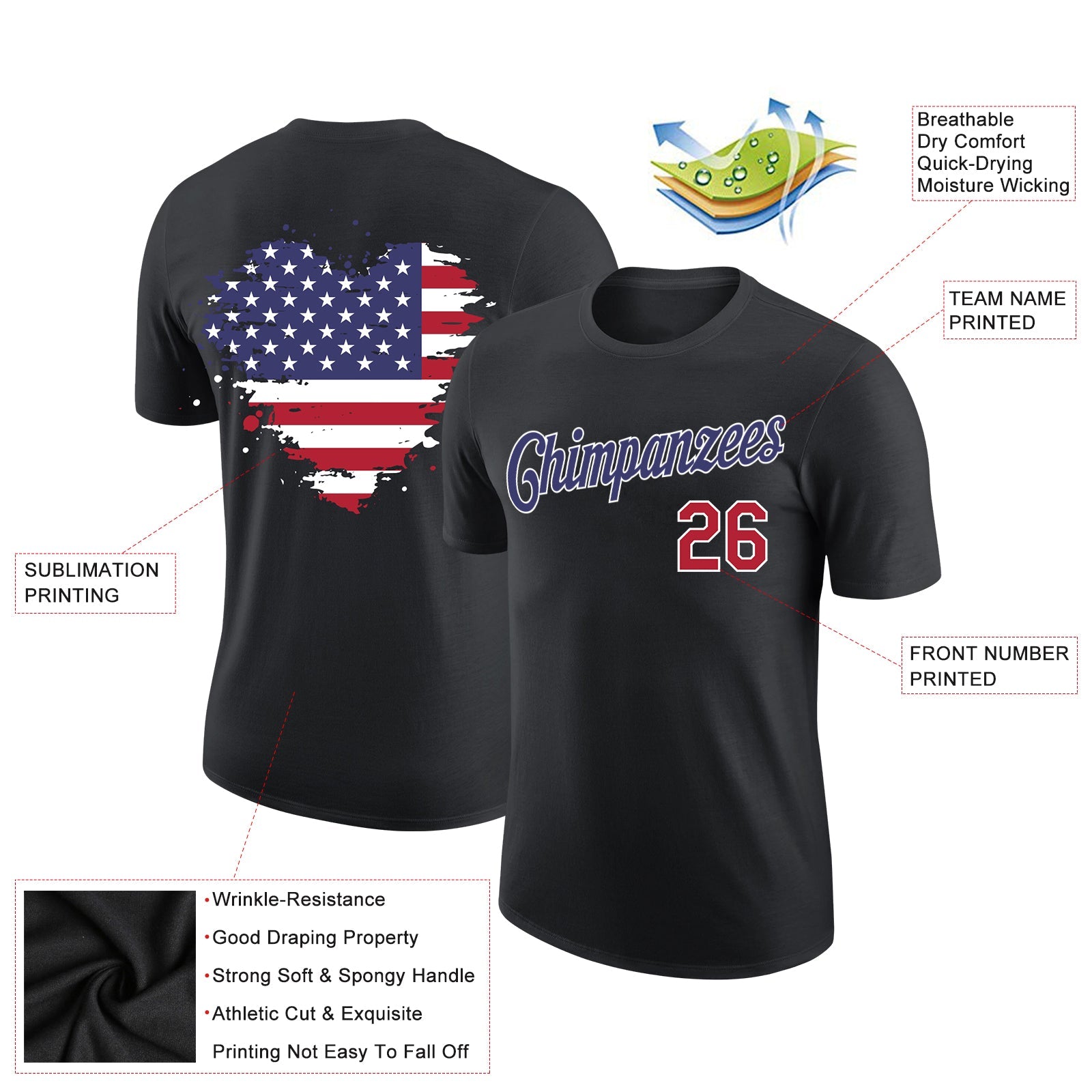 Custom Black Red-Dark Purple 3D American Flag Patriotic Performance T-Shirt view 2