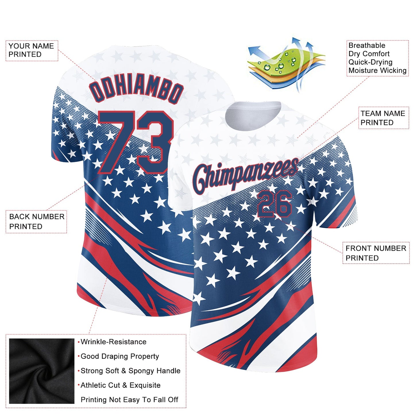 Custom White Navy-Red 3D American Flag Patriotic Performance T-Shirt view 2