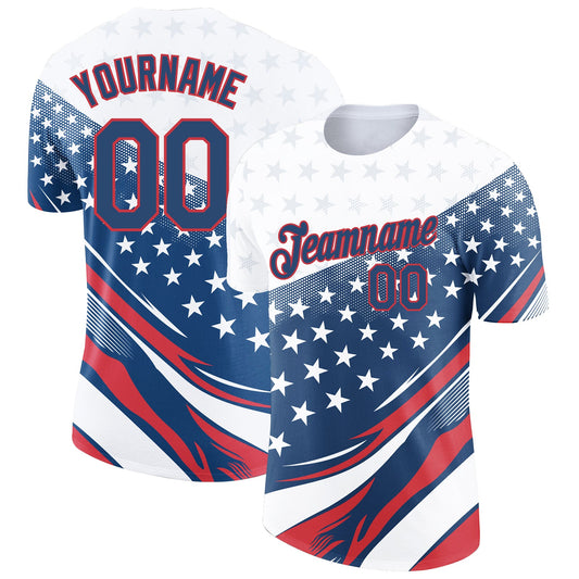 Custom White Navy-Red 3D American Flag Patriotic Performance T-Shirt - Main View