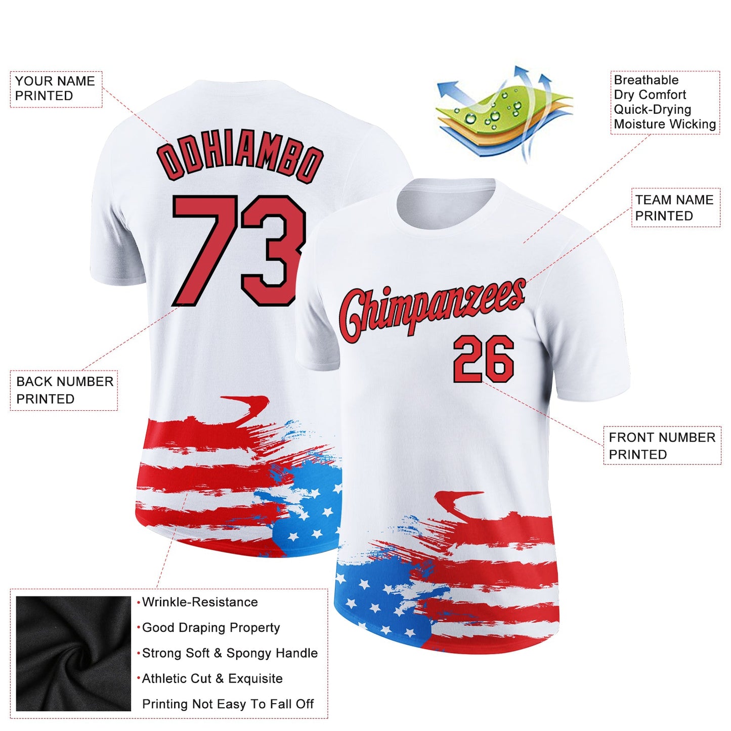 Custom White Red-Black 3D American Flag Patriotic Performance T-Shirt view 2