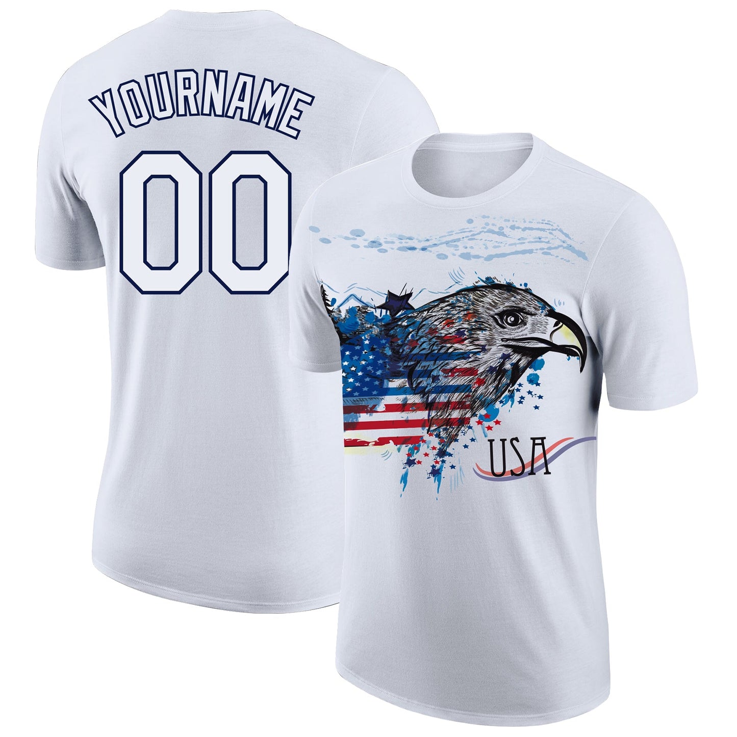 Custom White Navy 3D American Flag Eagle Patriotic Performance T-Shirt - Main View