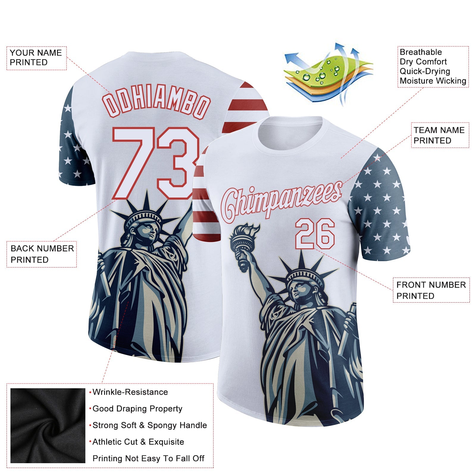 Custom White Red 3D American Flag Statue of Liberty Patriotic Performance T-Shirt view 2