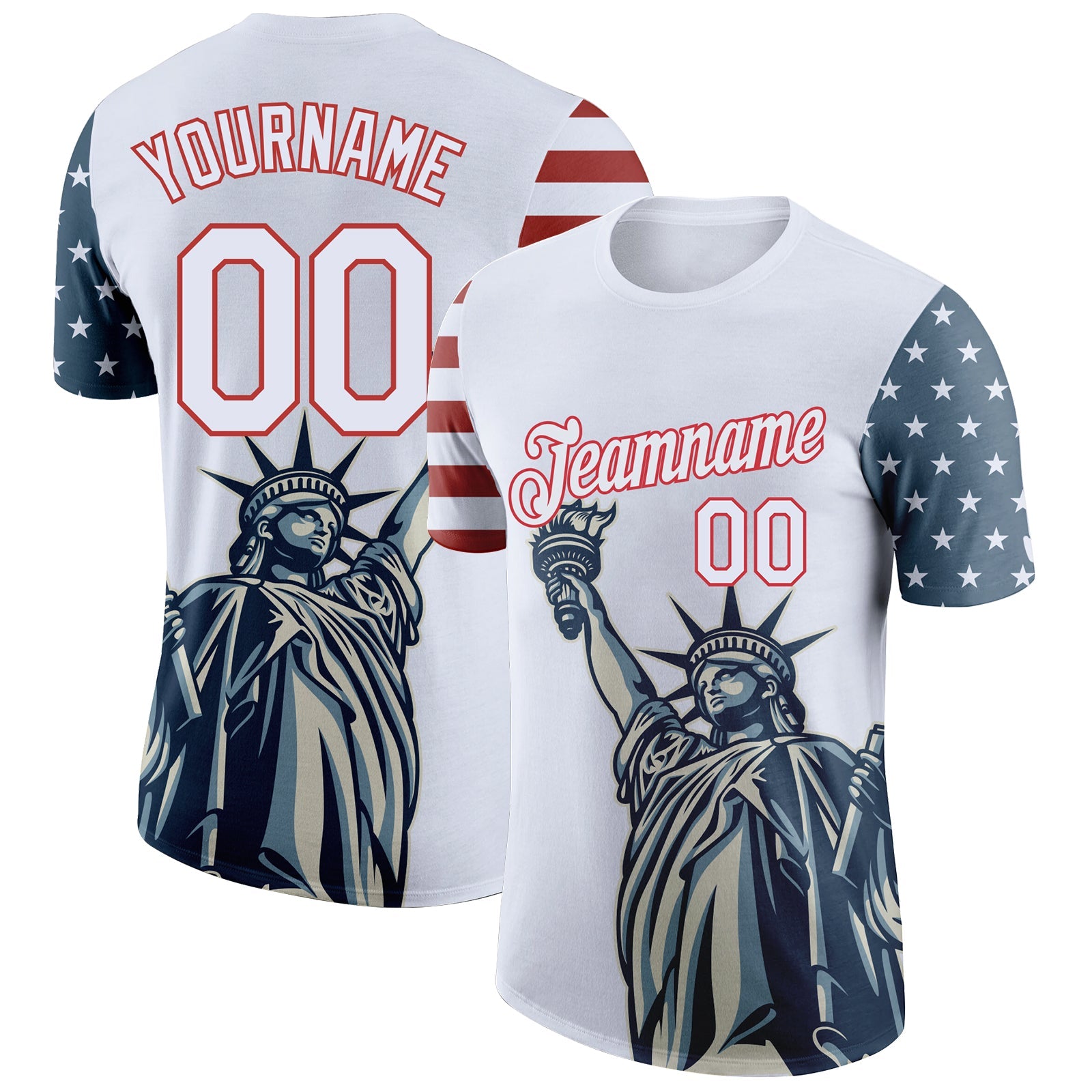 Custom White Red 3D American Flag Statue of Liberty Patriotic Performance T-Shirt - Main View