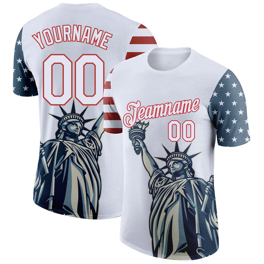 Custom White Red 3D American Flag Statue of Liberty Patriotic Performance T-Shirt - Main View