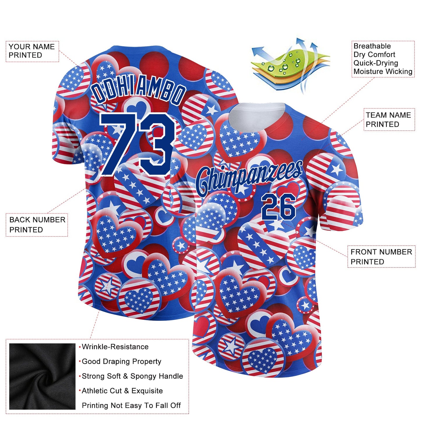 Custom Red Royal-White 3D American Flag Patriotic Performance T-Shirt view 2