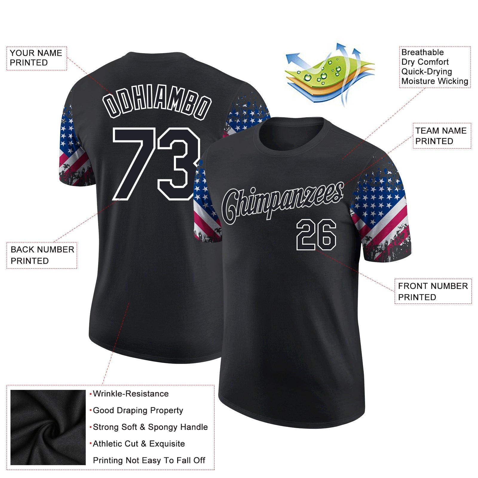 Custom Black White 3D American Flag Patriotic Performance T-Shirt view 2