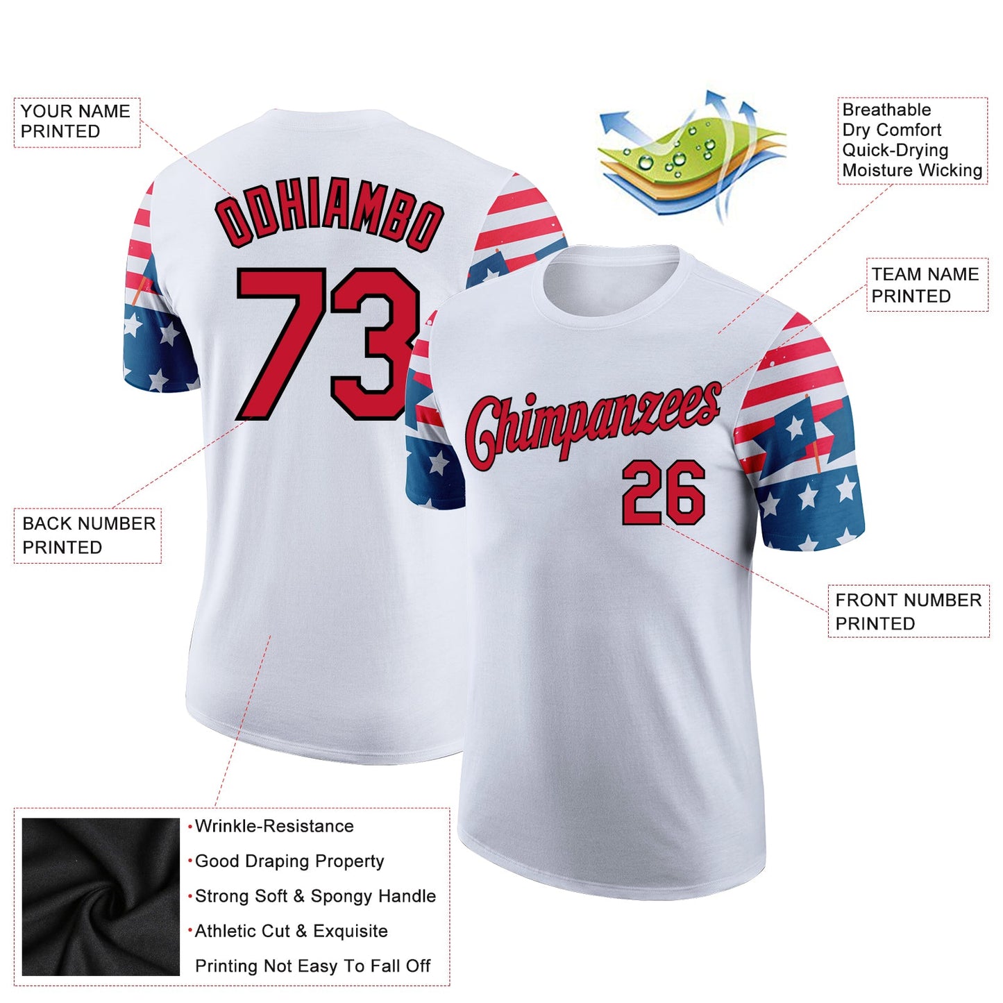Custom White Red-Black 3D American Flag Patriotic Performance T-Shirt view 2