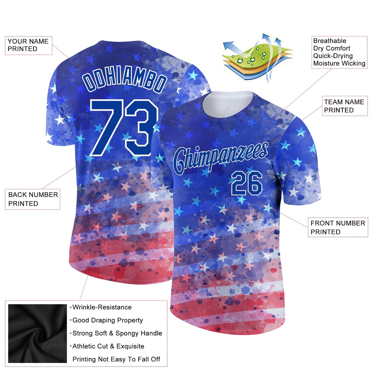 Custom Royal Red-White 3D American Flag Patriotic Performance T-Shirt view 2
