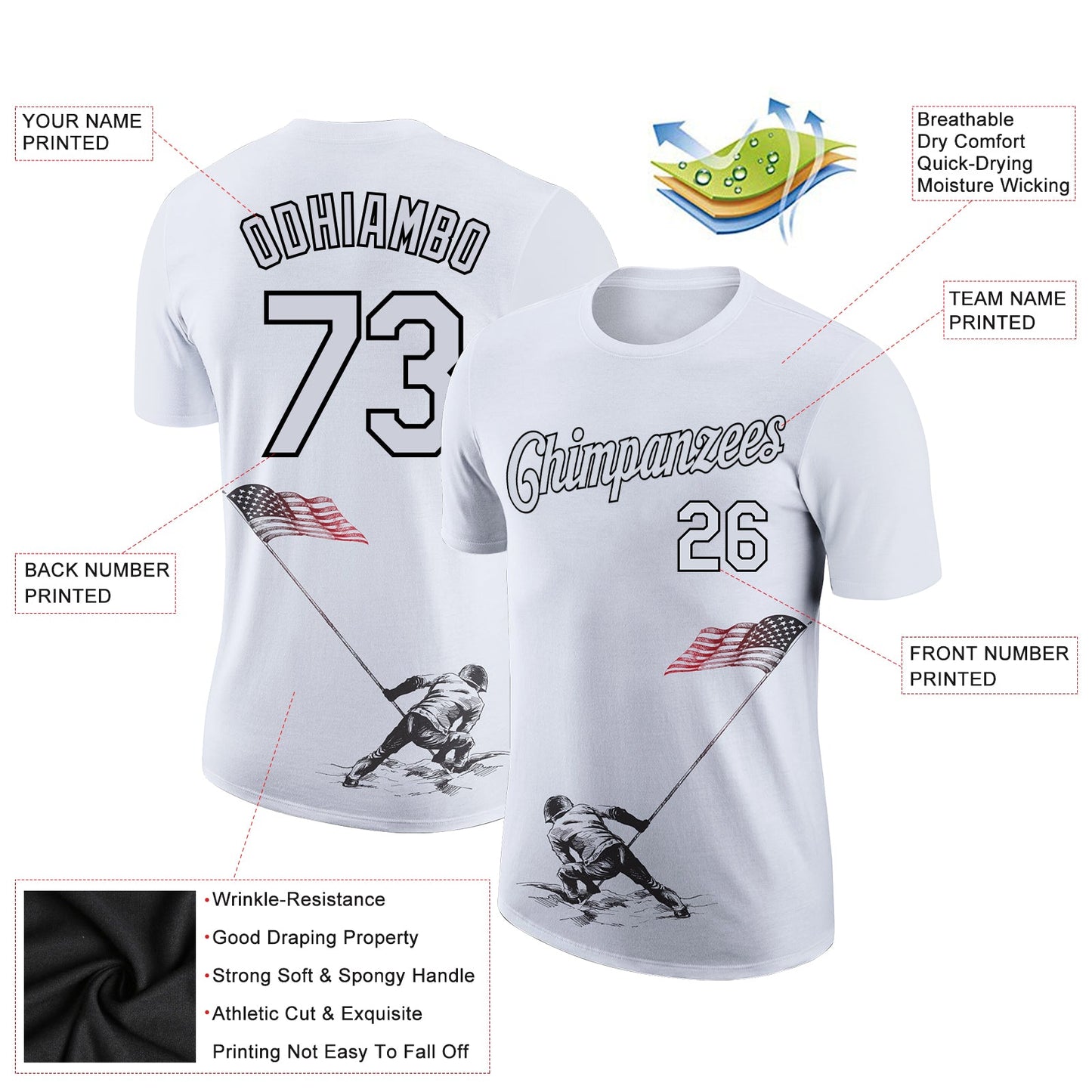 Custom White Black 3D American Flag Patriotic Performance T-Shirt view 2