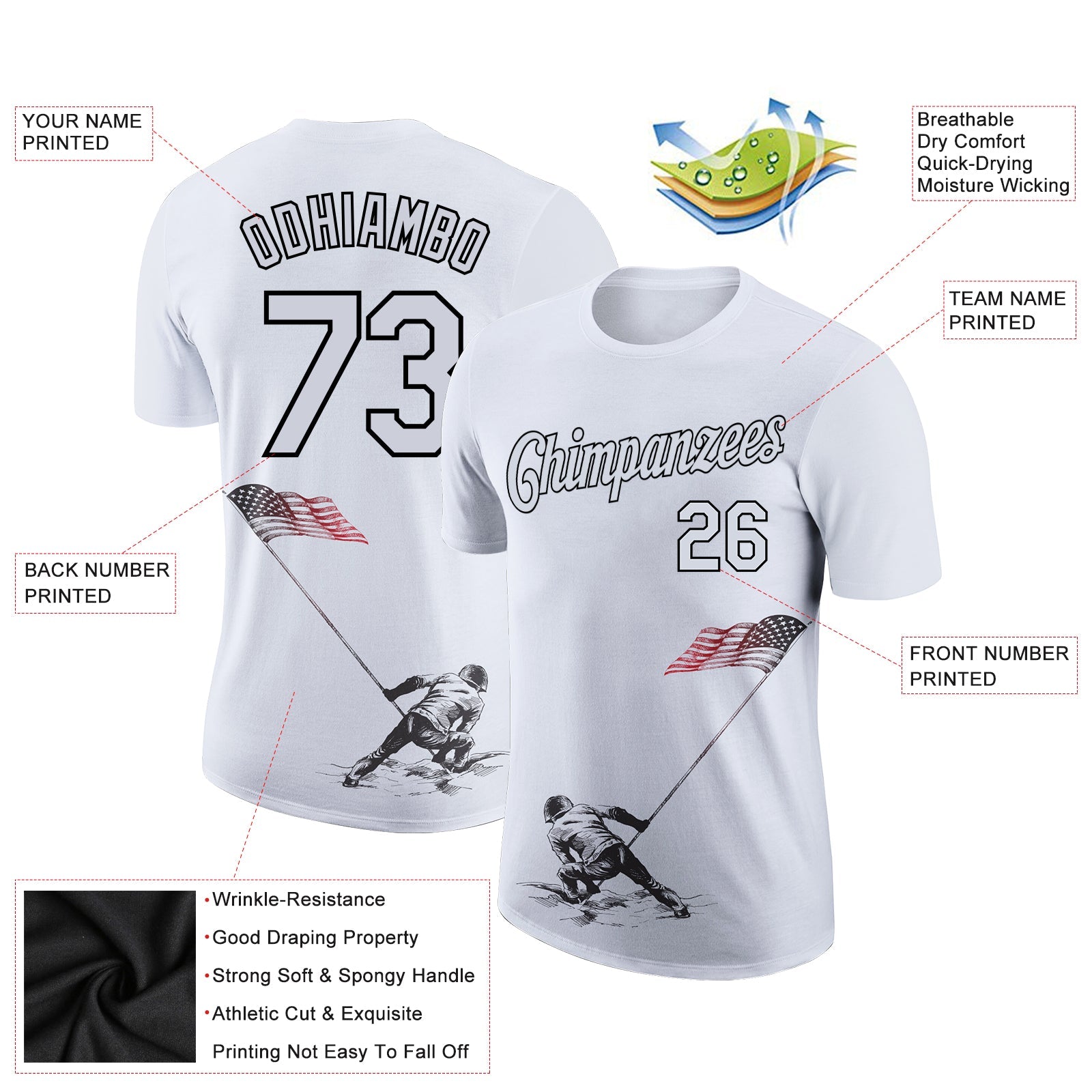 Custom White Black 3D American Flag Patriotic Performance T-Shirt view 2