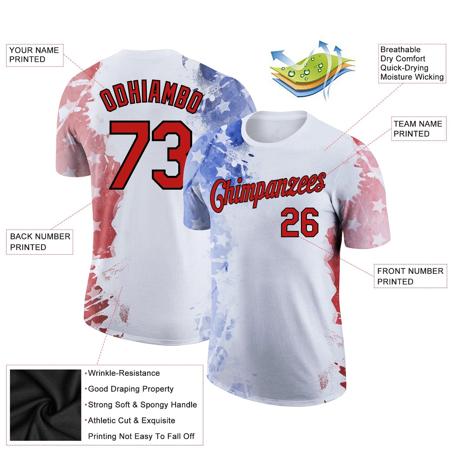 Custom White Red-Black 3D American Flag Patriotic Performance T-Shirt view 2