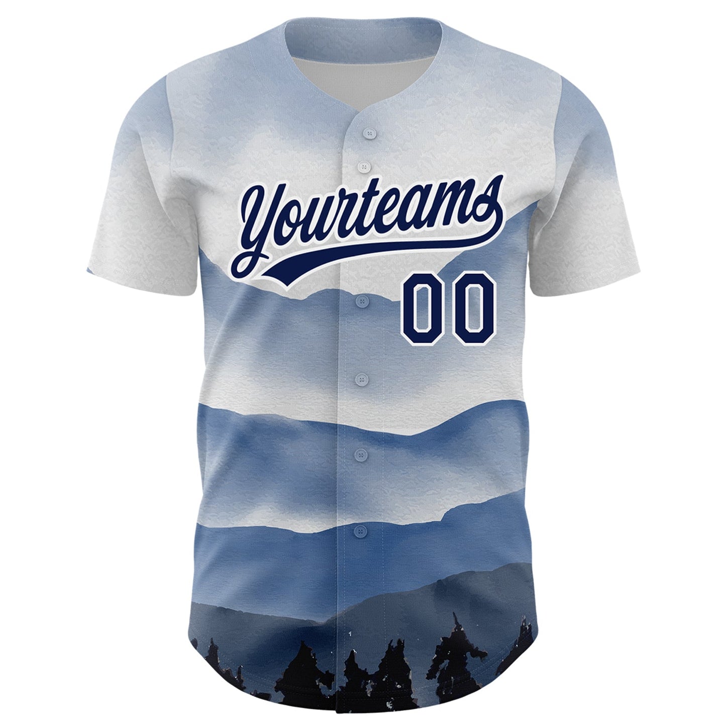 Custom White Navy 3D Pattern Design Watercolor Mountains Authentic Baseball Jersey view 2