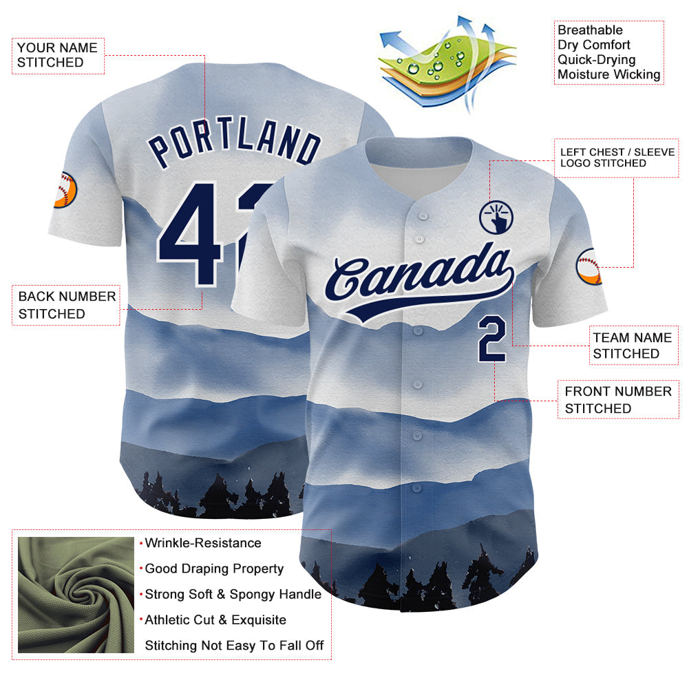 Custom White Navy 3D Pattern Design Watercolor Mountains Authentic Baseball Jersey view 3