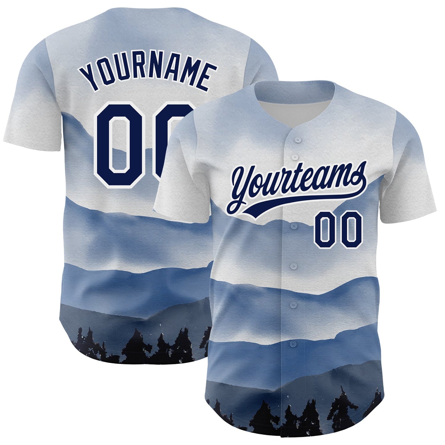 Custom White Navy 3D Pattern Design Watercolor Mountains Authentic Baseball Jersey - Main View