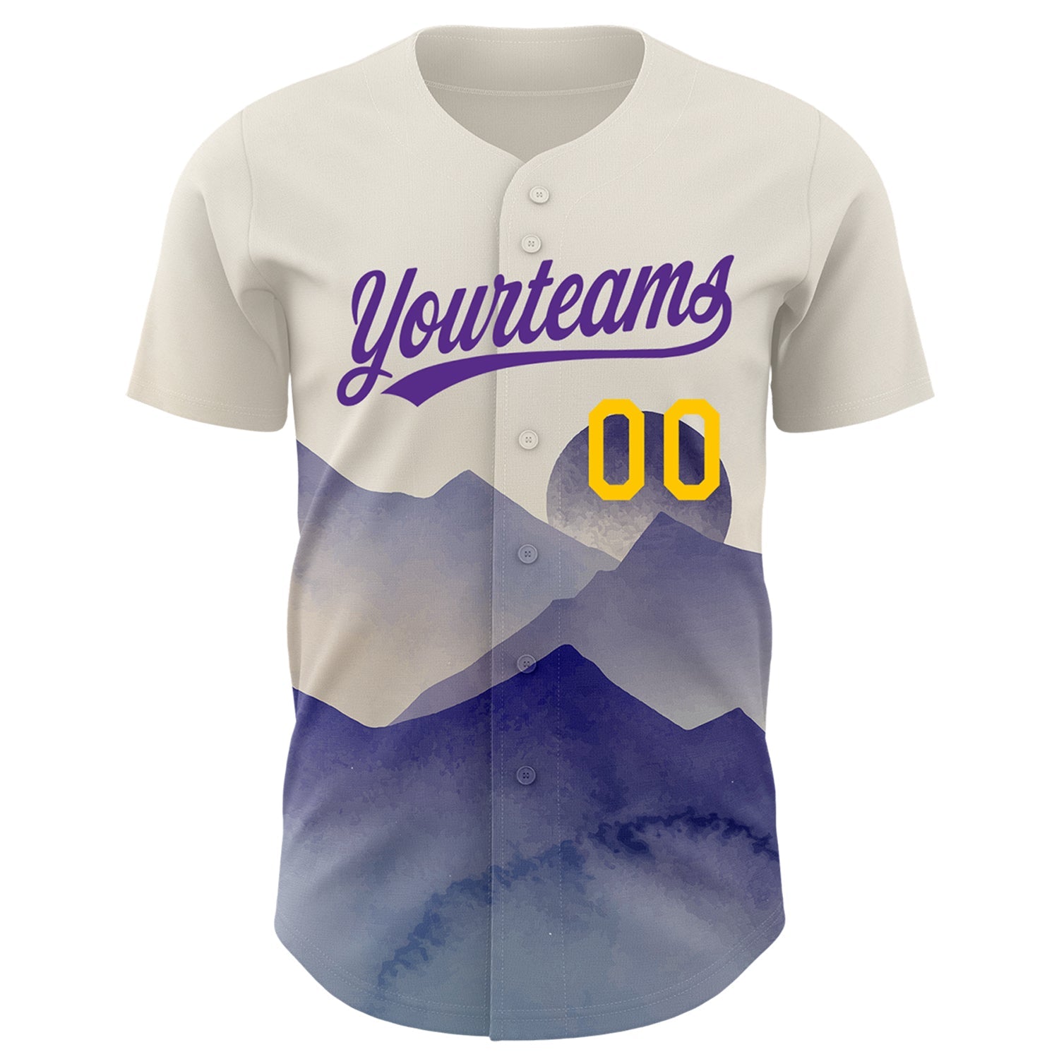 Custom Cream Yellow-Purple 3D Pattern Design Watercolor Mountains Authentic Baseball Jersey view 2