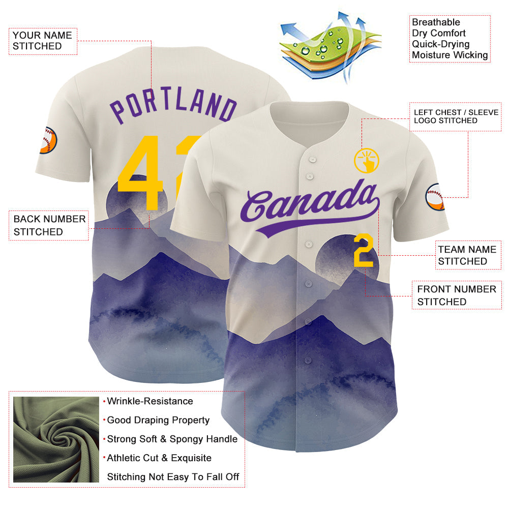 Custom Cream Yellow-Purple 3D Pattern Design Watercolor Mountains Authentic Baseball Jersey view 3