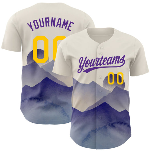 Custom Cream Yellow-Purple 3D Pattern Design Watercolor Mountains Authentic Baseball Jersey - Main View