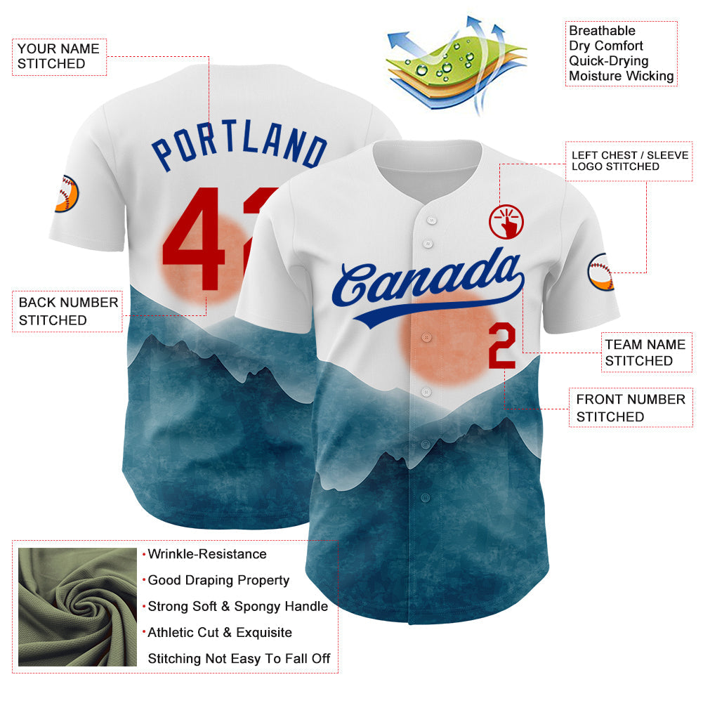 Custom White Red-Royal 3D Pattern Design Watercolor Mountains Authentic Baseball Jersey view 3