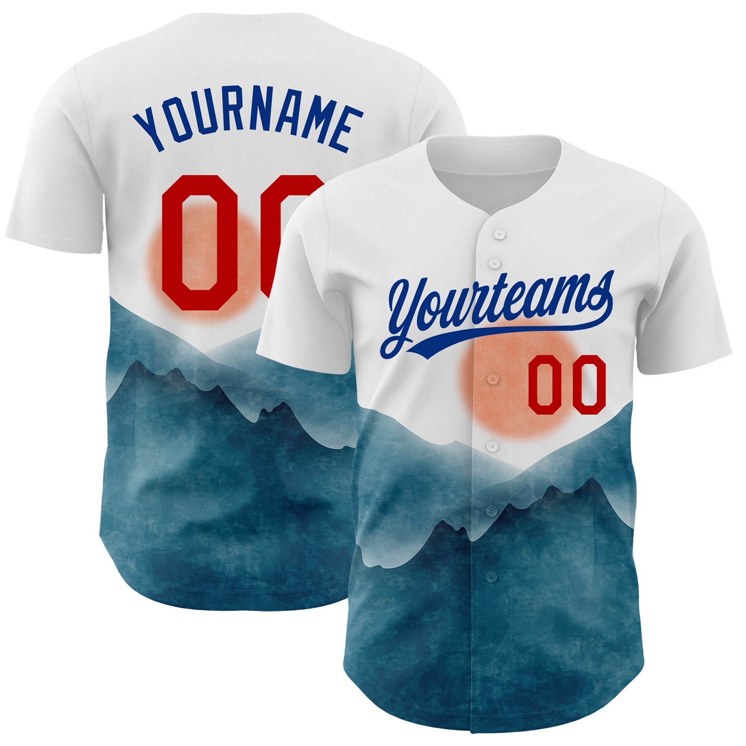 Custom White Red-Royal 3D Pattern Design Watercolor Mountains Authentic Baseball Jersey - Main View