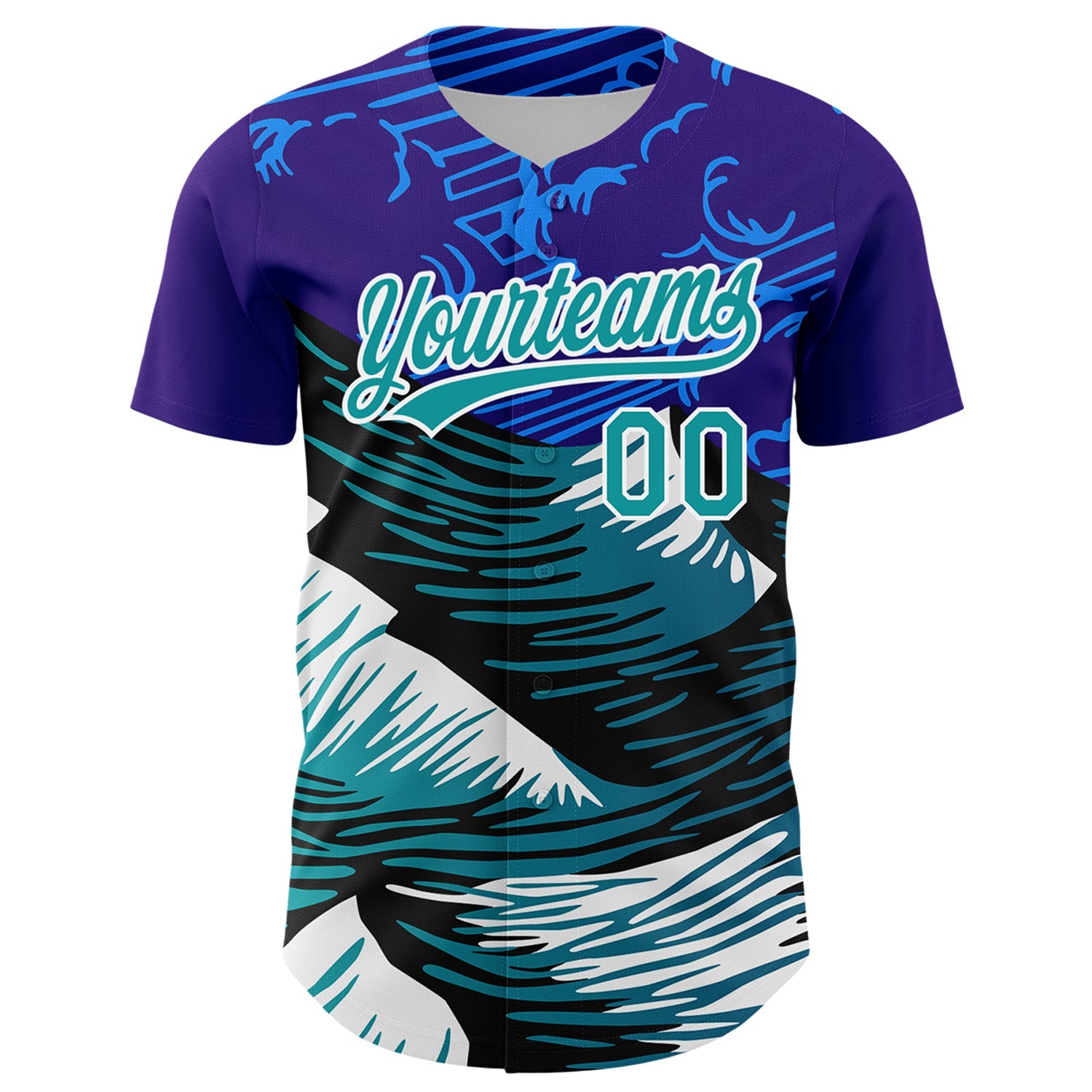 Custom Purple Teal-White 3D Pattern Design Mountains Authentic Baseball Jersey view 2