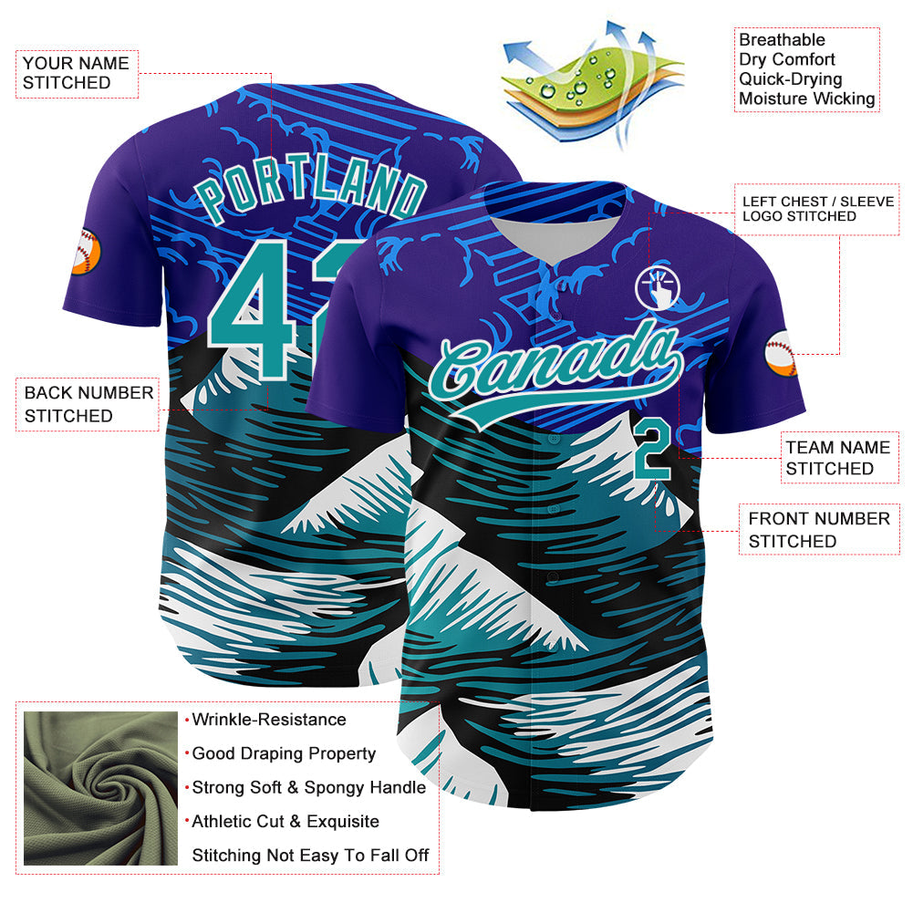Custom Purple Teal-White 3D Pattern Design Mountains Authentic Baseball Jersey view 3