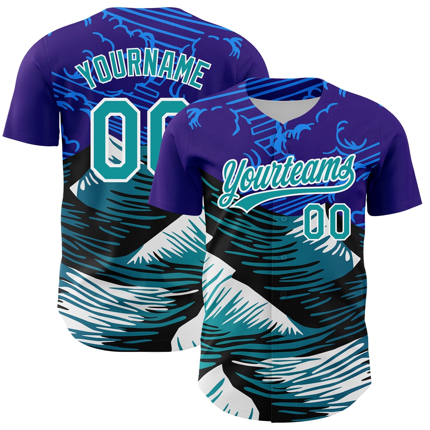 Custom Purple Teal-White 3D Pattern Design Mountains Authentic Baseball Jersey - Main View