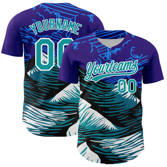 Custom Purple Teal-White 3D Pattern Design Mountains Authentic Baseball Jersey - Main View