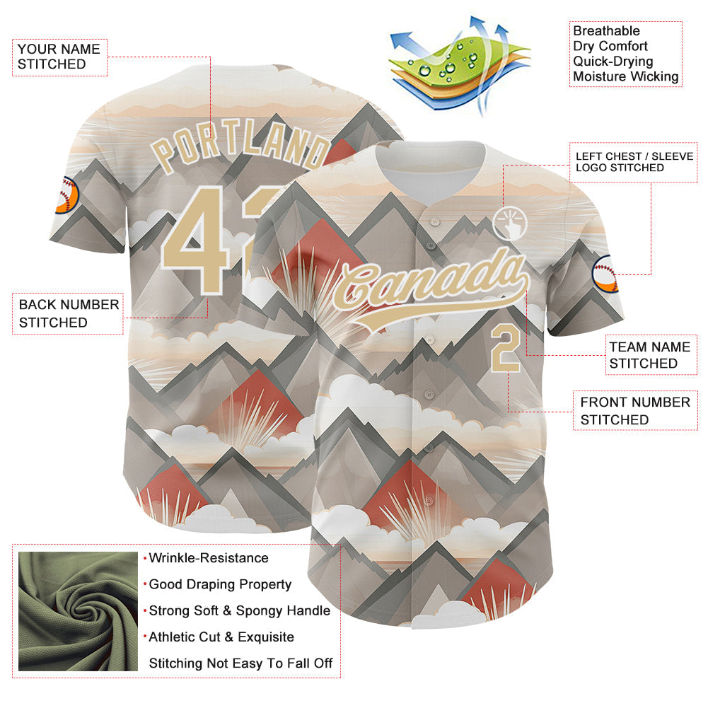 Custom Vegas Gold White 3D Pattern Design Sun Rays Through Mountain Tops Authentic Baseball Jersey view 3