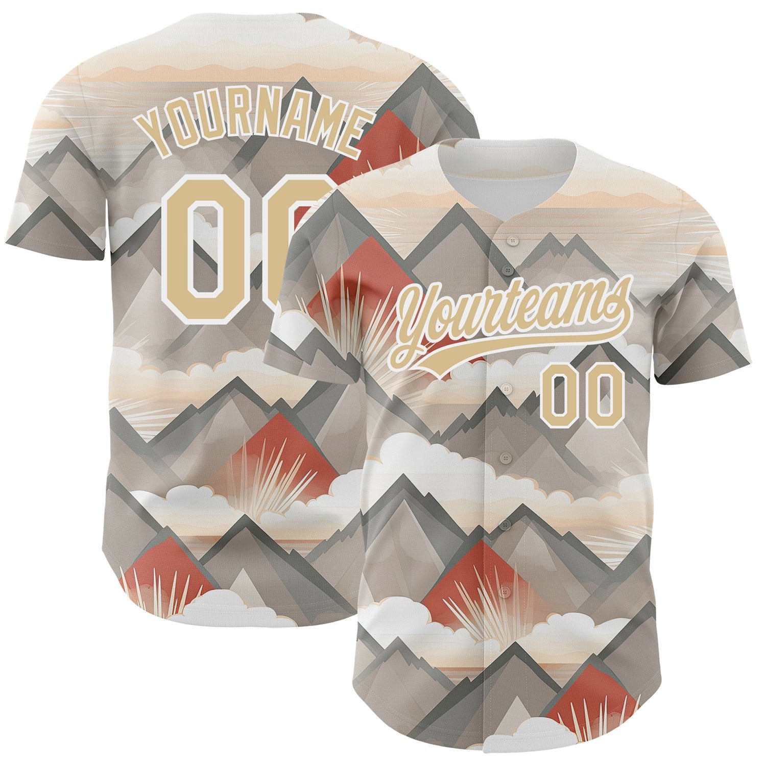 Custom Vegas Gold White 3D Pattern Design Sun Rays Through Mountain Tops Authentic Baseball Jersey - Main View