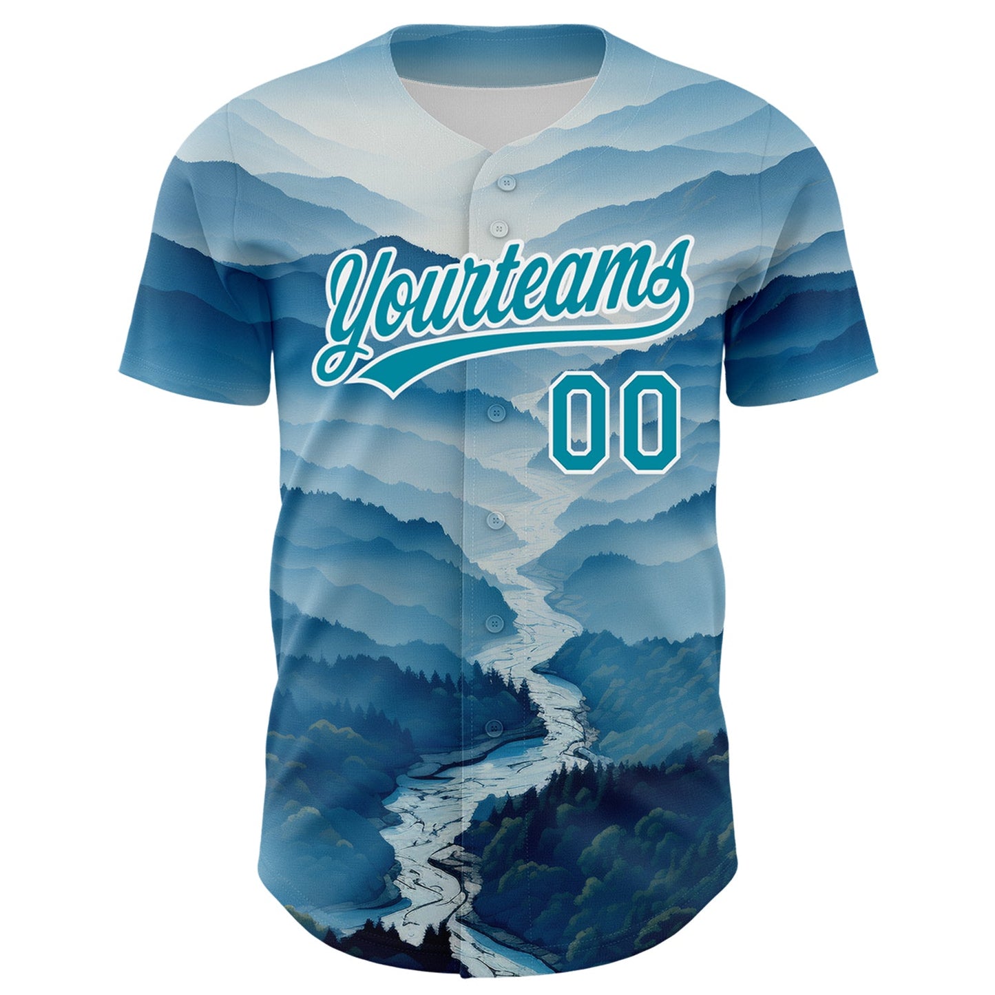 Custom White Teal 3D Pattern Design Mountains Authentic Baseball Jersey view 2
