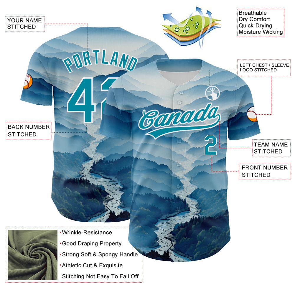 Custom White Teal 3D Pattern Design Mountains Authentic Baseball Jersey view 3