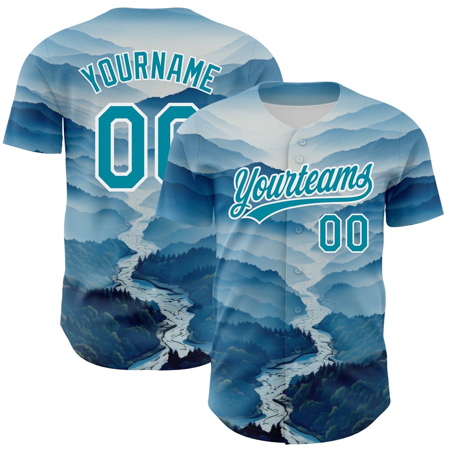 Custom White Teal 3D Pattern Design Mountains Authentic Baseball Jersey - Main View