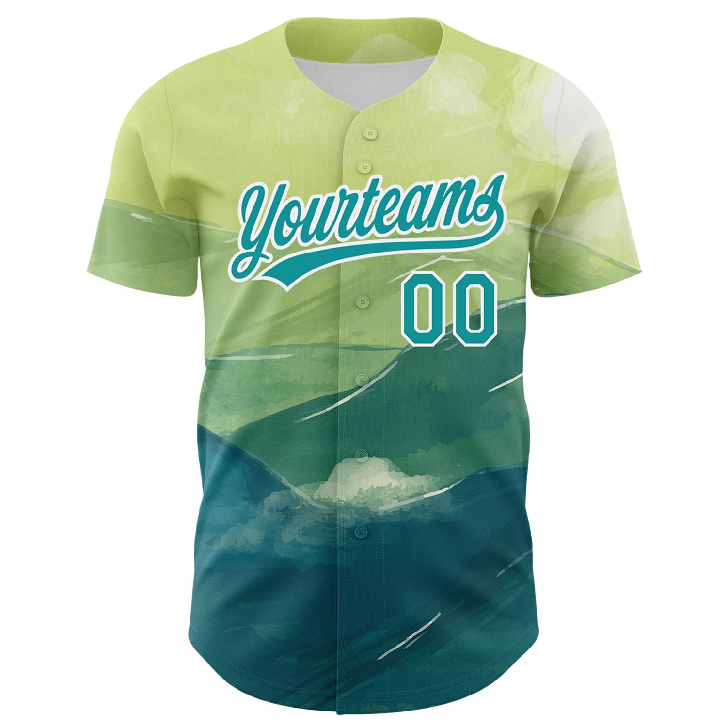 Custom Green Teal-White 3D Pattern Design Watercolor Mountains Authentic Baseball Jersey view 2