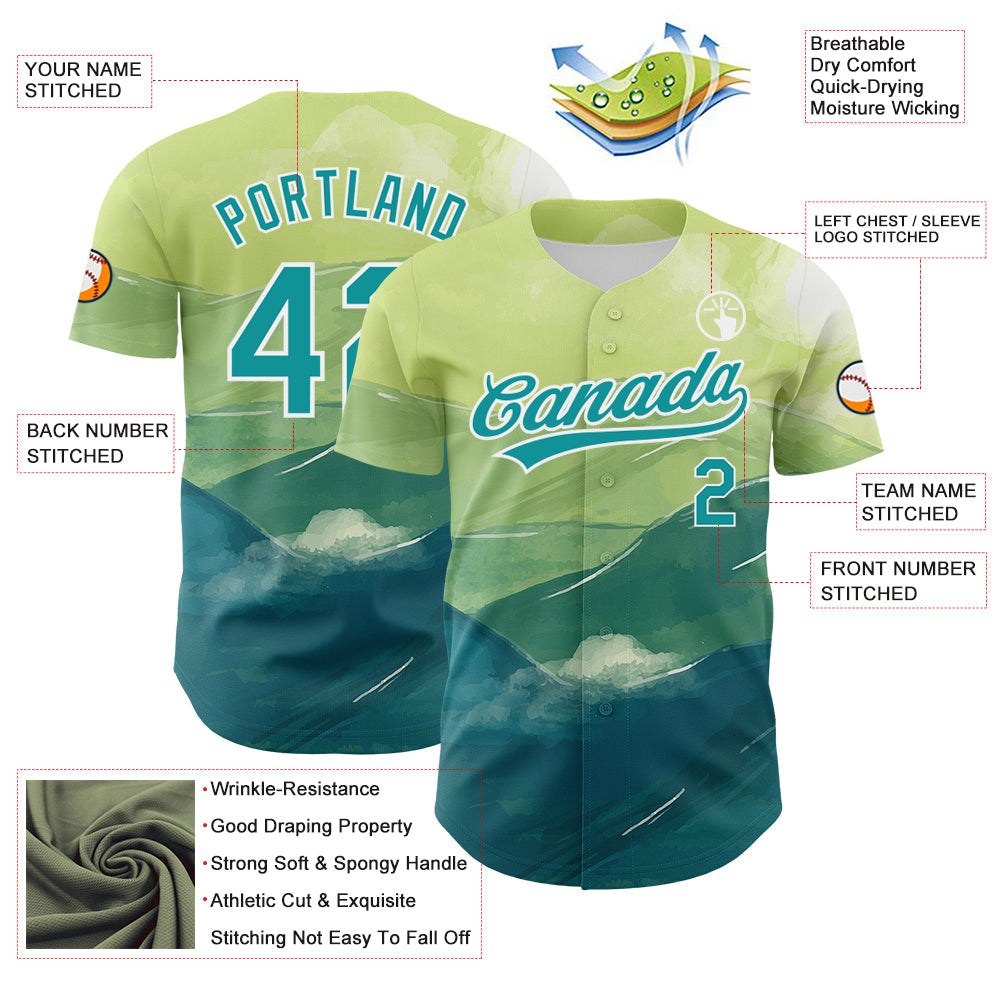 Custom Green Teal-White 3D Pattern Design Watercolor Mountains Authentic Baseball Jersey view 3