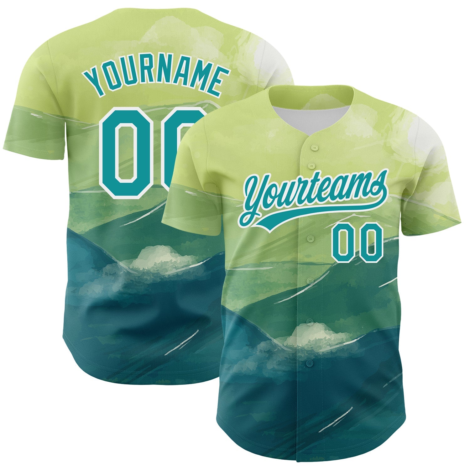 Custom Green Teal-White 3D Pattern Design Watercolor Mountains Authentic Baseball Jersey - Main View