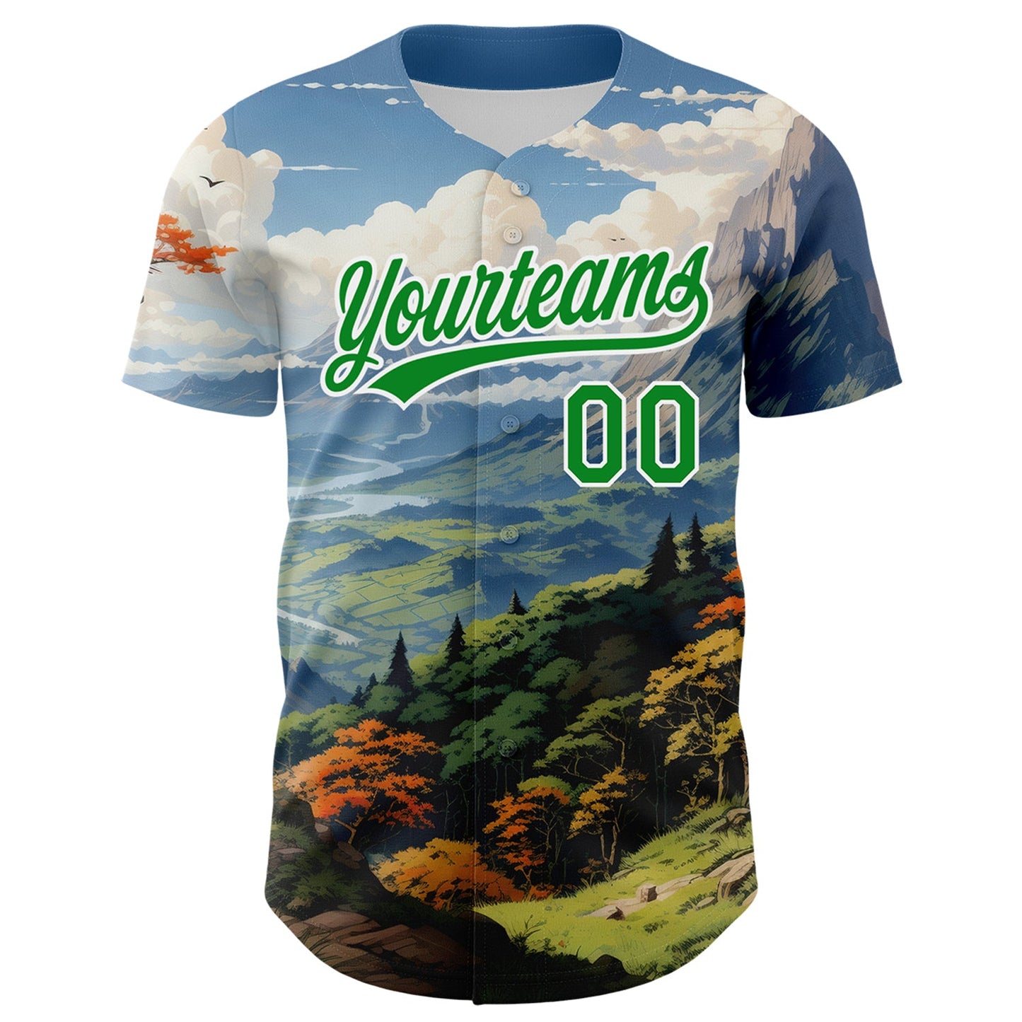 Custom White Grass Green 3D Pattern Design Mountains Landscape Authentic Baseball Jersey view 2