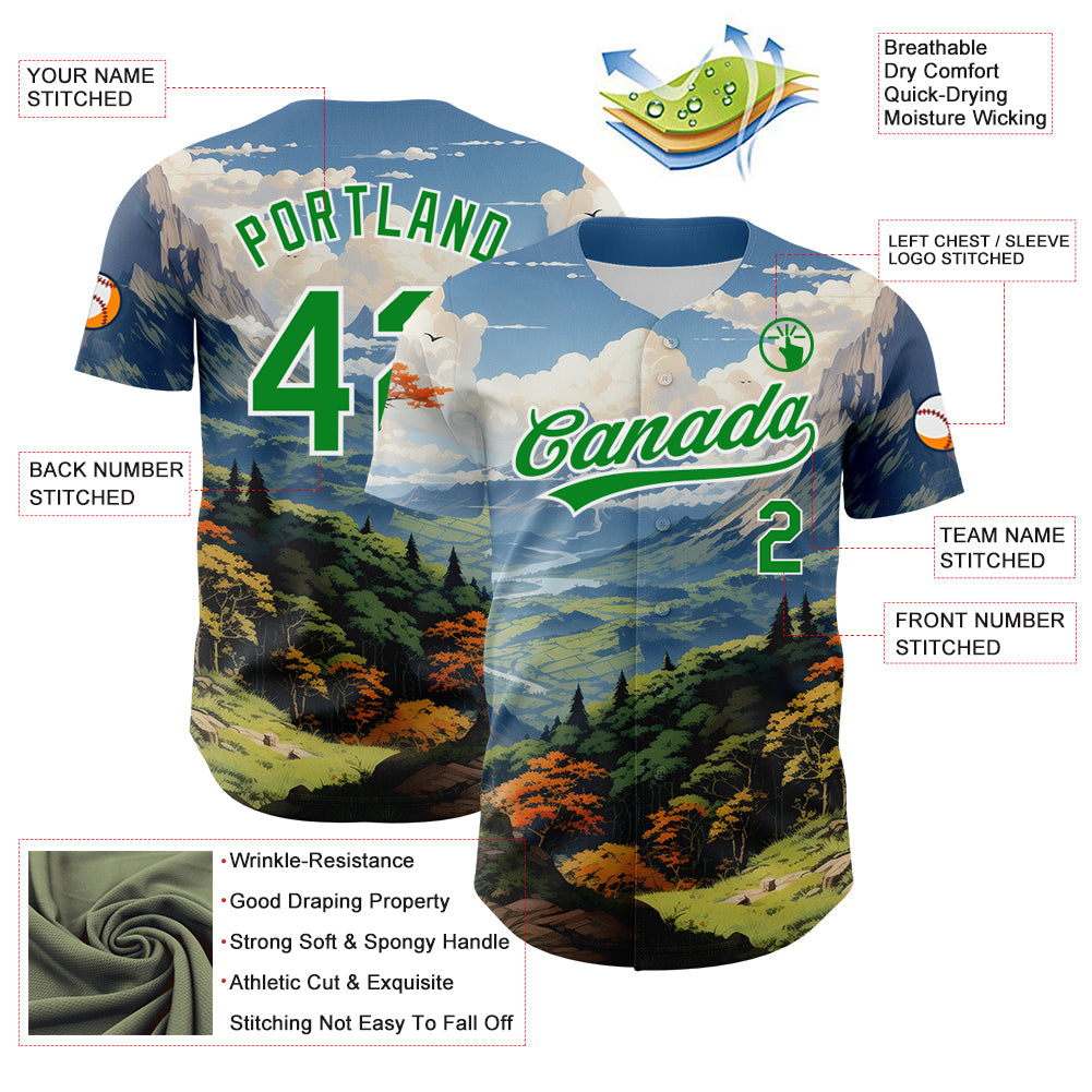 Custom White Grass Green 3D Pattern Design Mountains Landscape Authentic Baseball Jersey view 3