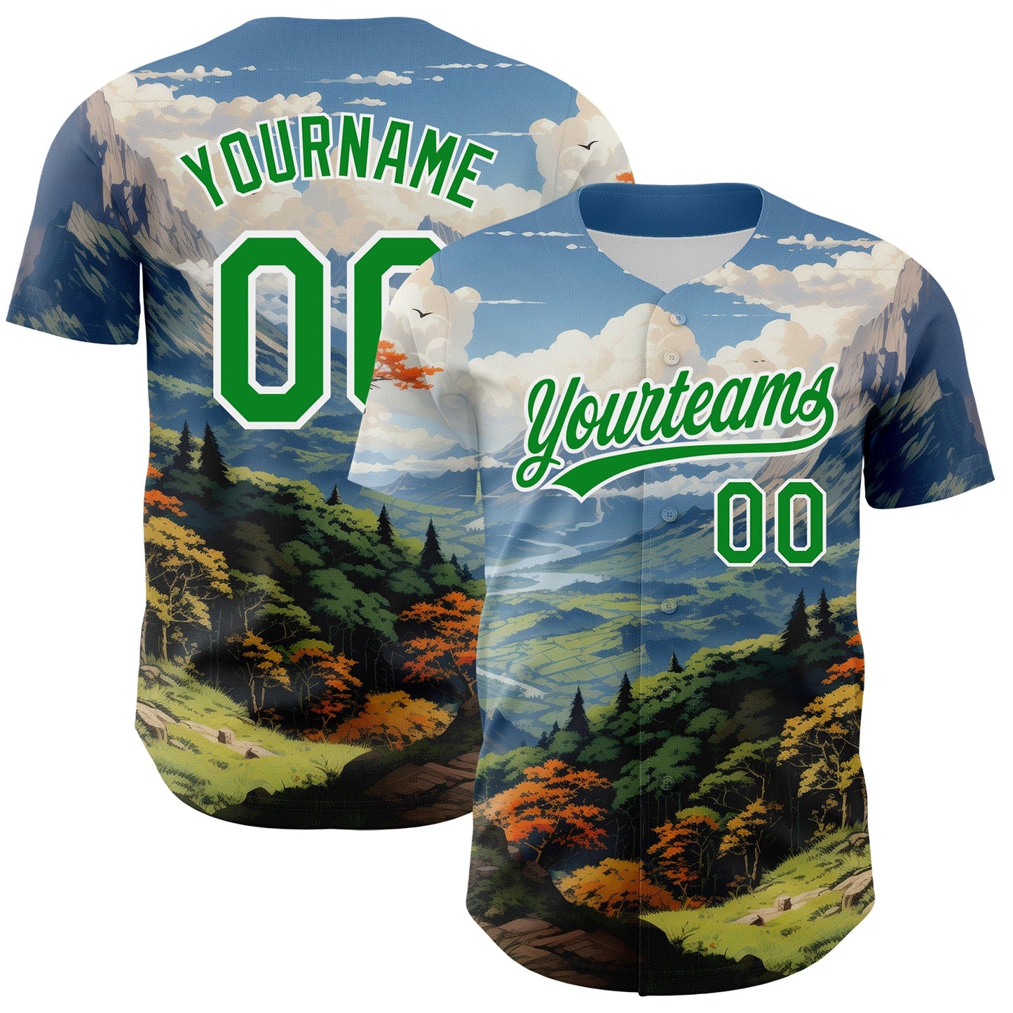 Custom White Grass Green 3D Pattern Design Mountains Landscape Authentic Baseball Jersey - Main View