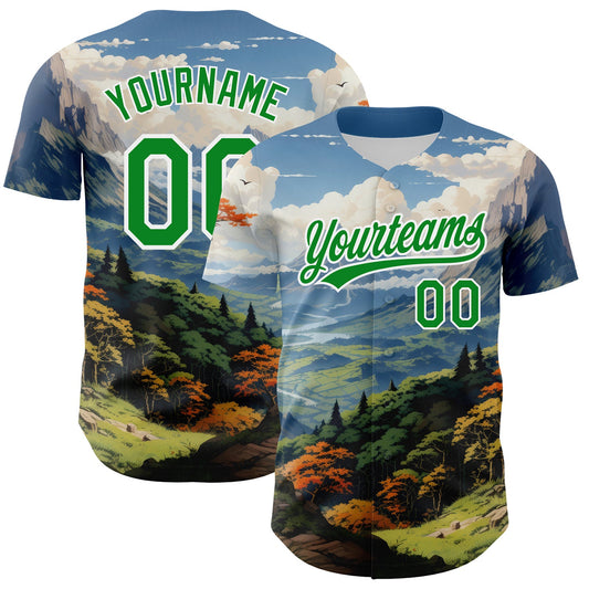 Custom White Grass Green 3D Pattern Design Mountains Landscape Authentic Baseball Jersey - Main View